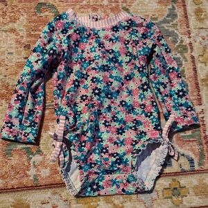 Ruffle Butts Floral Long Sleeve Swim One-Piece - Pink, Teal & Navy